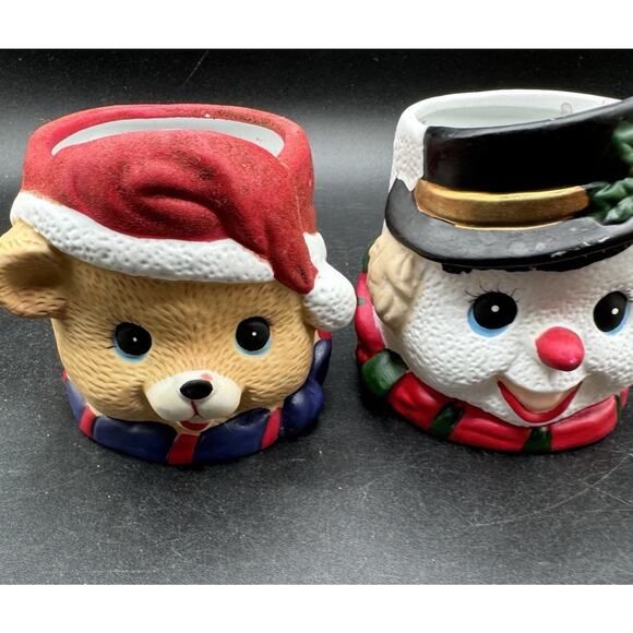 2 Vtg Christmas Snowman & Teddy Bear Bisque Porcelain Candy Bowls Or Planter S1L - Picture 4 of 11